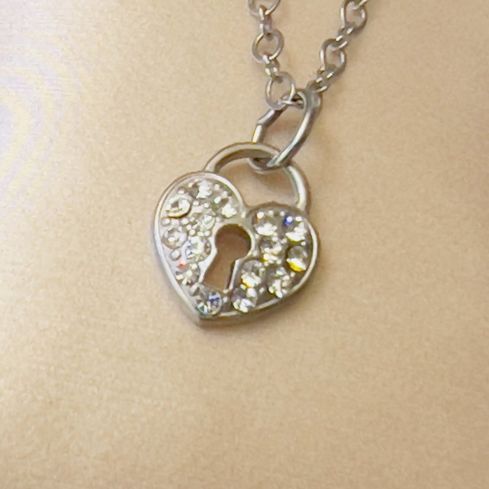 Heart Necklace Pave Rhinestone Keyhole Silver Tone Valentines Gift Girlfriend